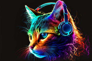  cat with headphones on its head. Generative AI