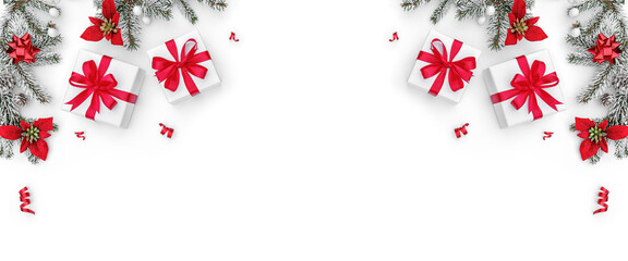 Merry Christmas frame made of snowy fir branches, gift boxes, holiday red flowers, sparkles and confetti on white background with bokeh. Happy New Year and Xmas,  top view, wide banner