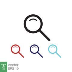 Magnifying glass or search icon. Simple flat style. Lupe lens, find, look, seek, zoom tool, enlarge, search button concept. Vector illustration isolated on white background. EPS 10.