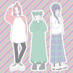 かわいい女性3人の全身イラスト　背景・白フチあり