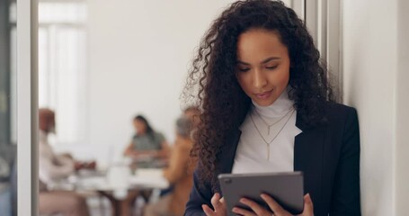 Business, black woman and tablet for social media, office and digital marketing. Female, ceo and entrepreneur online reading, fintech and search internet for advertising, planning and leadership. - Powered by Adobe