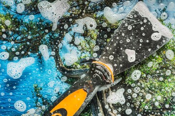 Soap foam on glass- cleaning of contaminated surfaces. Clean background- clipart photo