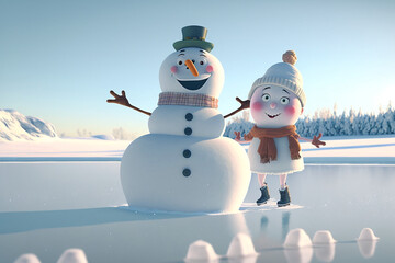 Obraz premium Snowman ice skating on a lake. Generative AI