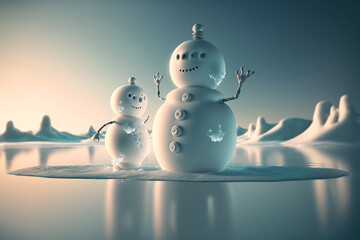 Obraz premium Snowman ice skating on a lake. Generative AI