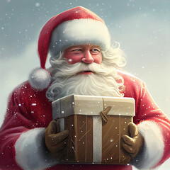 santa claus holding a gift with falling snow, Generative AI