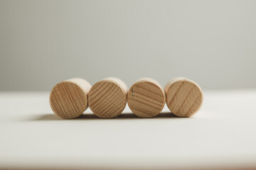 Banner,wallpaper,background,mock up idea.,Business design,financial,education,abstract,logo,text concept.,Row of four Blank Wooden circle shape on white background with coypsapce for put text or logo.