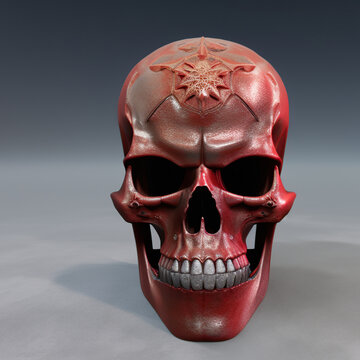 Red ornamental Skull, Digital illustration. Generative AI.