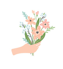 Isolated llustration bouquet of flowers in hand. Vector design concept for Valentines Day and other.