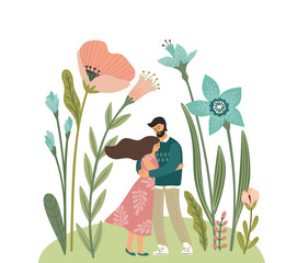 Romantic illustration with man and woman. Love, love story, relationship. Vector design concept for Valentines Day and other.