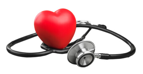 Toy red heart and stethoscope, world health day concept, - obrazy, fototapety, plakaty
