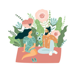 Romantic illustration with man and woman. Love, love story, relationship. Vector design concept for Valentines Day and other.