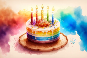 Watercolor illustration of cake birthday decorations