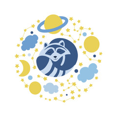 Decorative vector sleeping raccoon lies, stars, planet, moon, clouds isolated on white background, wild mammal, illustration cute animal for design good night card, children cartoon poster for kids