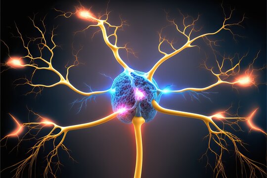 Brain neuron and electrical signals, branching dendrites, nerve endings