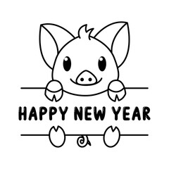 Cute pig with happy new year sentence cartoon characters vector illustration. For kids coloring book.