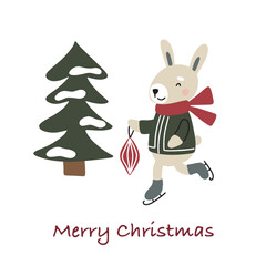 Christmas and New Year card 2023 comes with a rabbit and a Christmas tree. Vector flat illustration