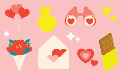 Collections of Love for Valentines day. Set of cute vector love stickers and decoration items for daily planner and diary. Heart, romantic gifts, and love sign symbol without outline stroke