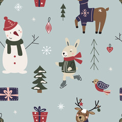 Christmas pattern with cartoon New Year characters. Collection of Christmas elements for the design of greeting cards, packaging. Vector