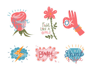 Set of inspirational motivational quotes for young girls. Cute stickers for daily planner, diariy, scrapbooking hand drawn vector