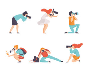 Male and female photographers and photographing. People with cameras making shots flat vector illustration