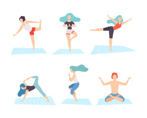 Set of people doing yoga. Men and women performing yoga poses. Healthy lifestyle flat vector illustration