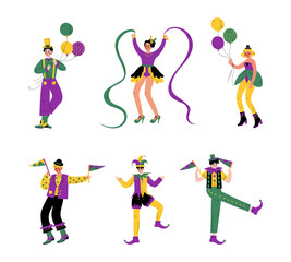 Mardi Gras. Happy dancing men and women in bright carnival costumes set cartoon vector illustration