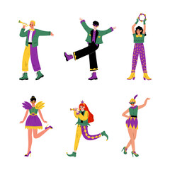Mardi Gras. Happy people in bright carnival costumes set cartoon vector illustration © topvectors