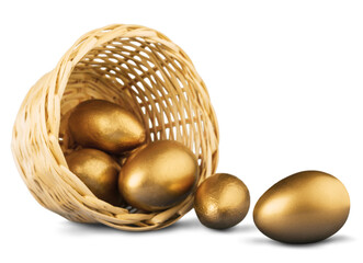 Beautiful colored golden easter eggs in the basket