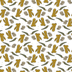 Vector Panasian food seamless pattern. Hand drawn sketch with asian food such as noodles, shrimps, gingers, dumplings, spicy soup.