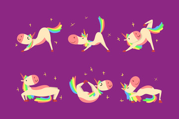 Funny Unicorn Character with Rainbow Mane and Tail Practicing Yoga Exercises Vector Set