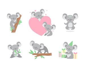Cute Gray Koala Bear with Large Ears Engaged in Different Activity Vector Set