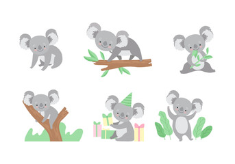 Cute Gray Koala Bear with Large Ears Engaged in Different Activity Vector Set