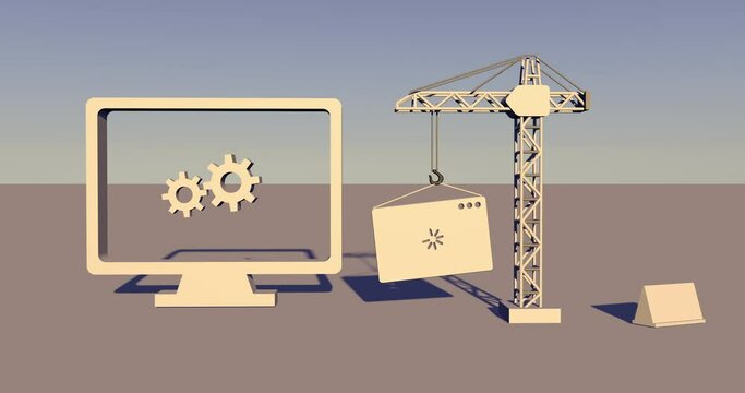 A construction crane with a swinging plate on a hook and a computer monitor with rotating gears against a blue sky and horizon.