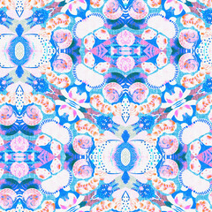 Washed Red Blue blur white vibrant watercolor batik azulejos tile background. Seamless coastal linen effect geometric mosaic effect. Boho Patchwork nautical masculine all over summer fashion repeat.