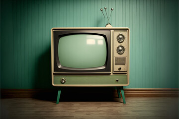 TV room. Vintage television on a painted wall background.