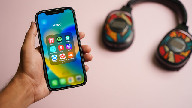 Music apps on the mobile phone screen, Apple music, spotify, JioSaavn, Amazon music, Gaana, Smule, Shazam, Youtube music, SoundCloud: Kolkata, West Bengal, India - December 12 2022