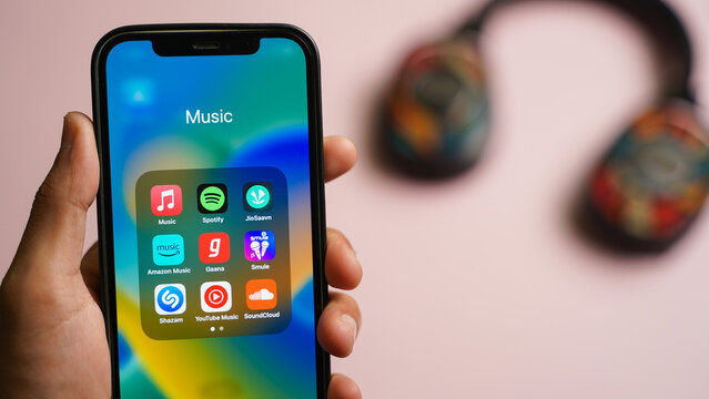 Music apps on the mobile phone screen, Apple music, spotify, JioSaavn, Amazon music, Gaana, Smule, Shazam, Youtube music, SoundCloud: Kolkata, West Bengal, India - December 12 2022
