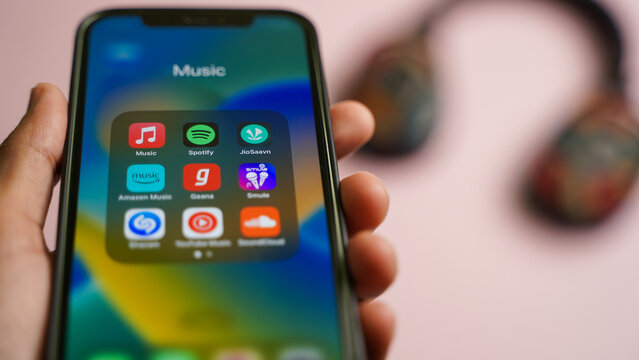 Music apps on the mobile phone screen, Apple music, spotify, JioSaavn, Amazon music, Gaana, Smule, Shazam, Youtube music, SoundCloud: Kolkata, West Bengal, India - December 12 2022