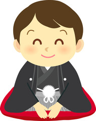 イラスト素材: 着物を着たかわいい人物　主線なし　ニッコリ目の笑顔の紋付き袴姿の男の子（透過背景）
