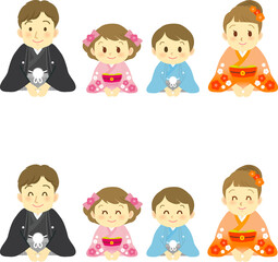 イラスト素材：着物姿の家族4人が新年のご挨拶を正座でする様子　セット（透過背景）
