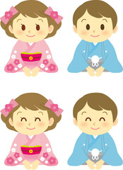 イラスト素材：和装姿の子供の男女が正座で新年のご挨拶をする姿　セット（透過背景）
