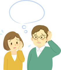 イラスト素材:太った若夫婦が向かい合って困った表情で思い悩む場面　 頭をかく姿　吹き出し付き（透過背景）
