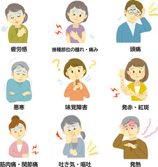 イラスト素材：広い年齢層の人々の新型コロナウイルスワクチン接種後の副反応や後遺症の症状　9セット（透過背景）
