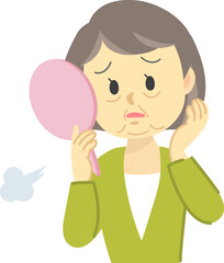 イラスト素材：肌トラブル　シニア女性がブルドックフェイス、ブルドックだるみに悩む姿（透過背景）
