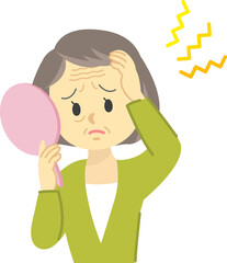 イラスト素材：肌トラブル　シニア女性がおでこや眉間に出来たシワに悩む姿　上半身（透過背景）
