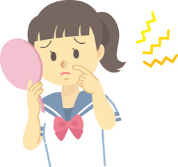 イラスト素材：お肌トラブルに悩むセーラー服の女子学生（毛穴の黒ずみ/上半身）（透過背景）
