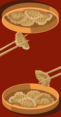 Illustration of Chinese Jiaozi dumplings on plates mirror image. Use chopsticks to take dumplings. Red background. Suitable for printing on textiles and paper kitchen illustrations. Marketing Banner