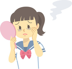 イラスト素材：お肌トラブルに悩むセーラー服の女子学生（目の下のクマ/上半身）（透過背景）
