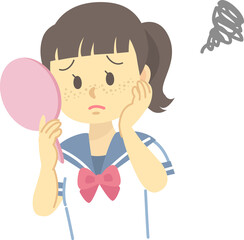 イラスト素材：お肌トラブルに悩むセーラー服の女子学生（ソバカス/上半身）（透過背景）
