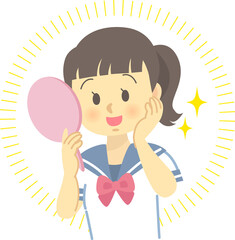 イラスト素材：お肌トラブルに悩むセーラー服の女子学生（改善後のアフター/上半身）（透過背景）
